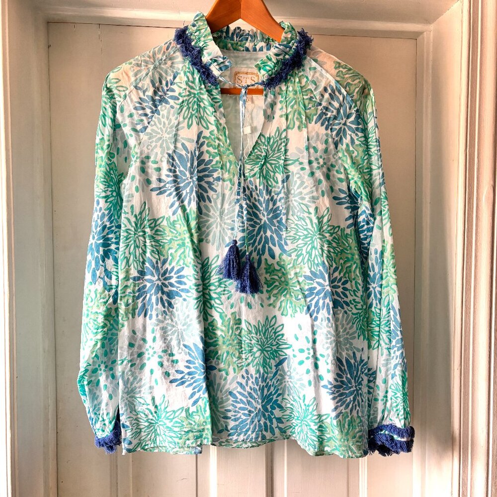 Sail To Sable Blue Teal Tassel Sunburst Pattern Tunic Top Size XS
